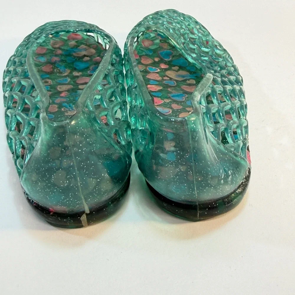 Green Glitter‎ Jelly Shoes Girls Size 11 Teal Woven Flats Y2K Vintage